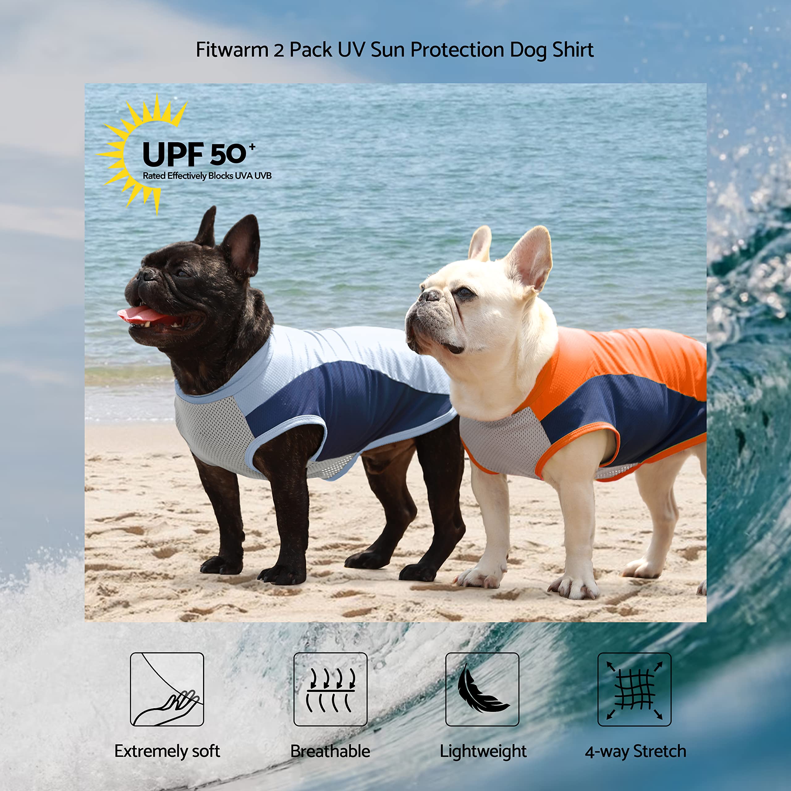 Fitwarm 2 Pack Upf 50+ Uv Sun Protection Dog Shirt, Quick Dry Summer Dog Clothes For Small Dogs Boy Girl, Reflective Label, Ligh